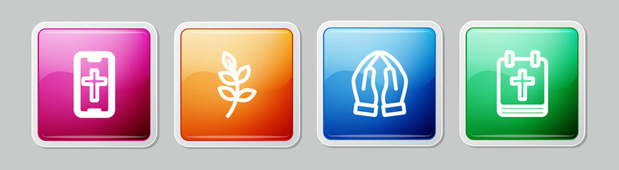 Set line Christian cross on phone, Willow leaf, Hands in praying position and Calendar with Easter. Colorful square button. Vector