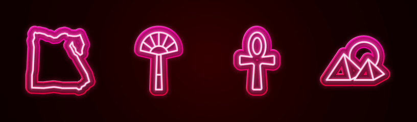 Set line Map of Egypt, Egyptian fan, Cross ankh and pyramids. Glowing neon icon. Vector