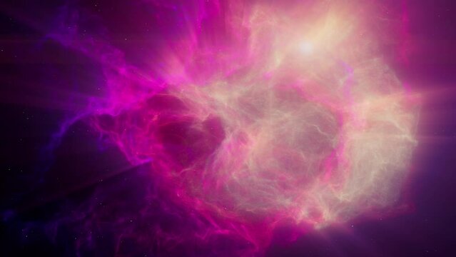 Rose and Pink-colored Nebula or Galaxy with bright flares floating in outer deep interstellar Space Universe with Star field in background