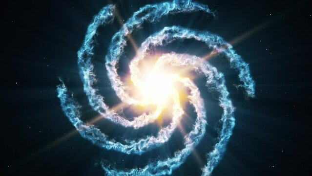 Blue glowing spiral Galaxy with energetic bright sun or quasar in center moving away from the camera and through outer deep interstellar Space Universe with Star field in background
