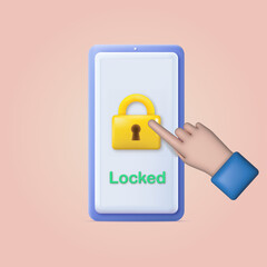 Men's finger touchs screen of locked smartphone. Vector