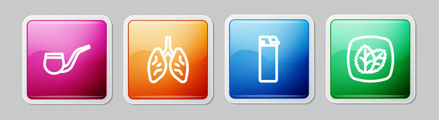 Set line No pipe smoking, Lungs, Lighter and Tobacco leaf. Colorful square button. Vector