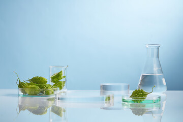 Front view of bitter melon decorated with laboratory equipment in blue background 