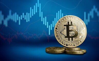 Golden coins with bitcoin logo drop at market. Pullback of leader cryptocurrency Bitcoin BTC in trading.