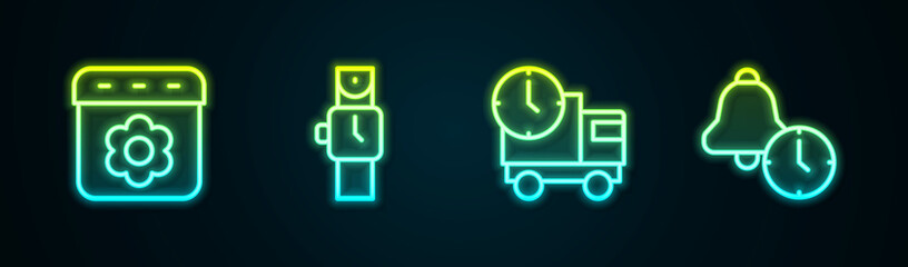 Set line Calendar spring, Wrist watch, Delivery truck and time and Alarm clock. Glowing neon icon. Vector