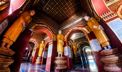 Interior of Myanmar Buddhist temple with 6,000,000 Buddha images. Travel concept.