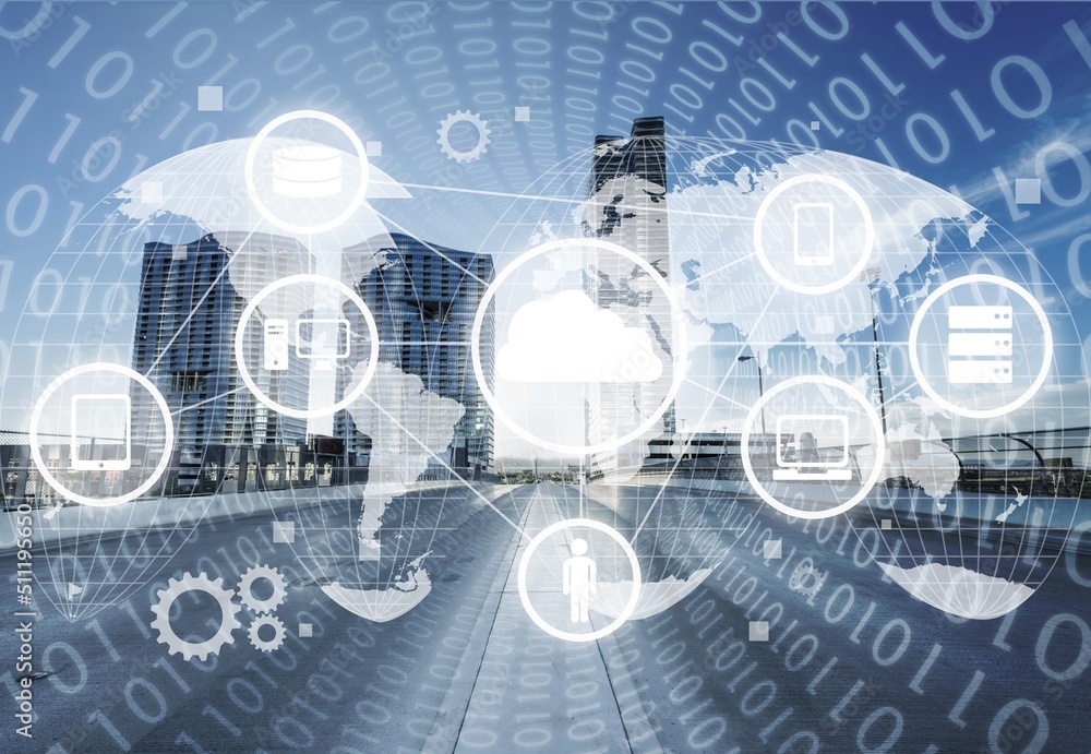 Poster cloud computer and online data storage with tacit intelligent sharing software. concept of smart dig