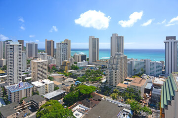 Overlooking Waikiki with surrounding high rises and ocean views
