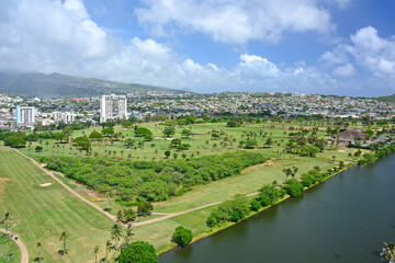 Fototapeta na wymiar Views of Honolulu with public golf course near Waikiki on Oahu Island in Hawaii