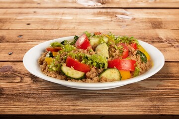 Traditional delicious food, tasty vegetable salad on the desk