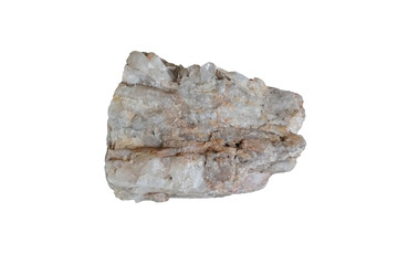 Cut out raw white quartz rock stone isolated on white background. Quartz grows in primarily in pegmatites.	
