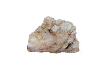 Cut out raw white quartz rock stone isolated on white background. Quartz grows in primarily in pegmatites.