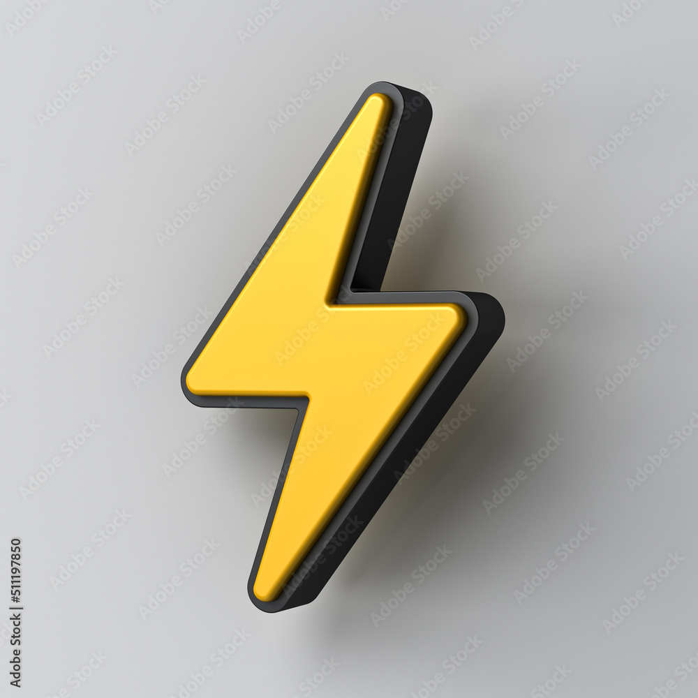 Poster 3d yellow thunder with black edge or lightning icon isolated over white wall background with shadow 