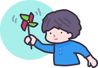 風車で遊ぶ子供。回る物へのこだわり。発達障害、視覚過敏