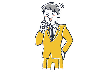 楽しそうに笑うスーツの男性　コミカルな手書きの人物　ベクター、線画にカラー