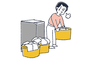 大量の洗濯物にため息をつく主婦　毎日の家事に追われる女性　コミカルな手書きの人物 © 星野スウ
