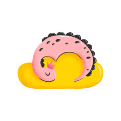 Cute pink dino sleeping in crown on a yellow cloud. Sweet baby animal character. Childish colored hand drawn illustration in cartoon style. Good night