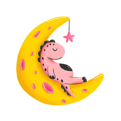 A cute dino sleeping on the yellow moon. Sweet baby dinosaur. Childish colored hand drawn illustration in cartoon style. Good night, sleepy little animal