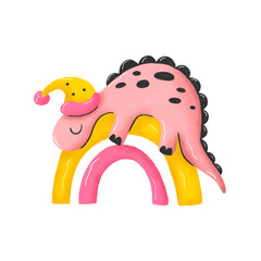 Cute pink dinosaur sleeping in hat with pom pom. Sweet baby dino character in nightcap on a rainbow. Childish colored hand drawn illustration in cartoon style. Good night