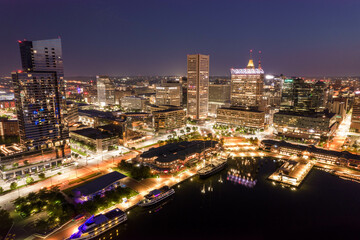 Fototapeta na wymiar Aerial Drone View of Baltimore City Inner Harbor before Dawn
