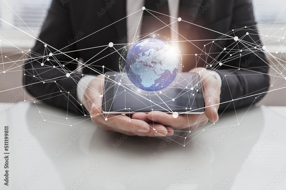 Poster businessman holding global network connection on social networking and data analytics, business stra
