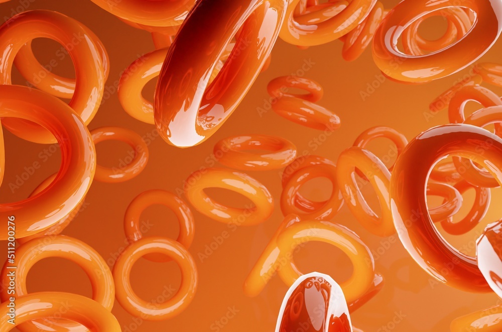Poster orange abstract background of 3d floating donuts. modern plastic pastel round figures, 3d rendering 
