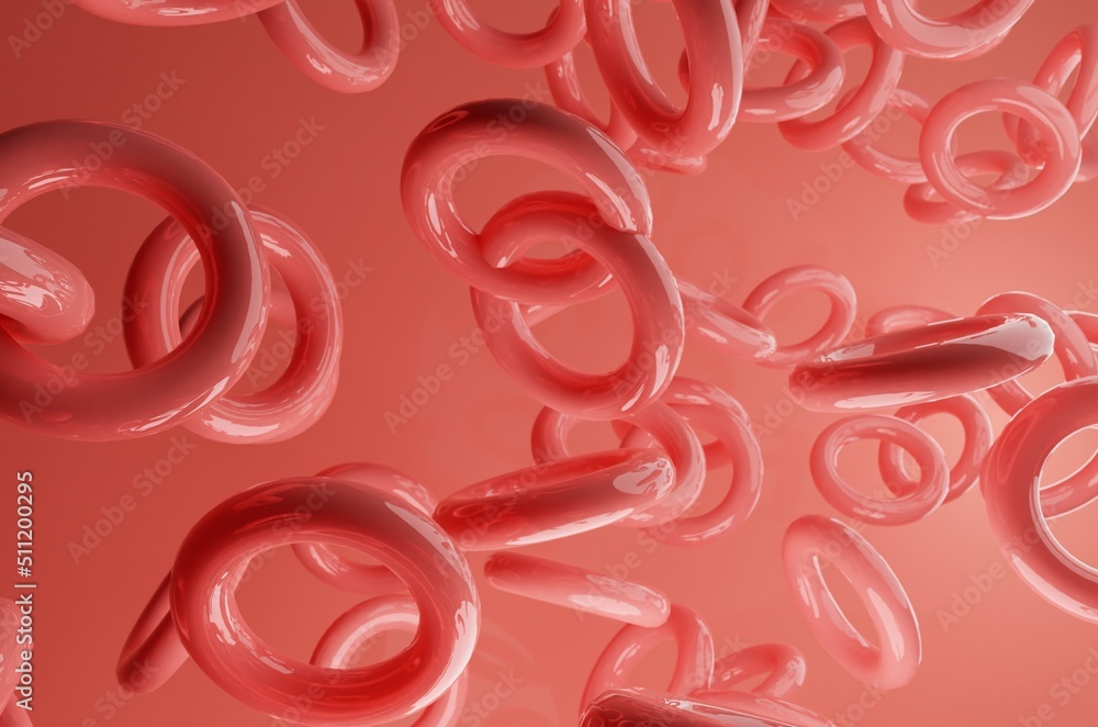 Poster red abstract background of 3d floating donuts. modern plastic pastel round figures, 3d rendering des