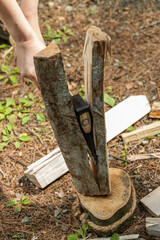キャンプ場で薪の準備　campgrounds. Preparing firewood 