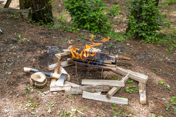キャンプ場で薪の準備　campgrounds. Preparing firewood 