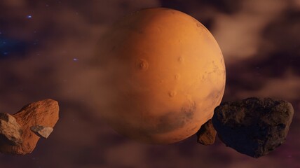 3d render sci-fi Mars with meteorite rocks nature scenery wallpaper backgrounds © mapichai