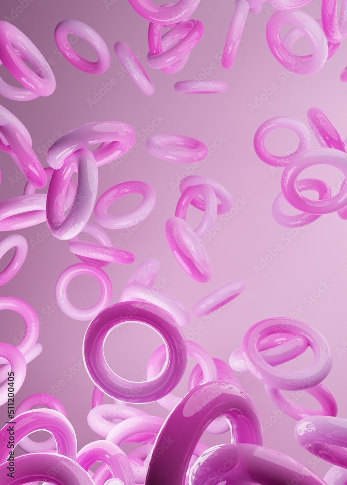 Poster pink abstract background of 3d floating donuts. modern plastic pastel round figures, 3d rendering de