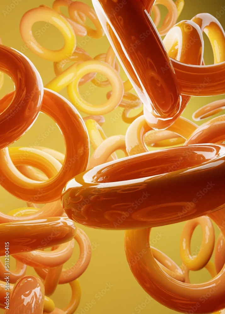 Poster orange abstract background of 3d floating donuts. modern plastic pastel round figures, 3d rendering 