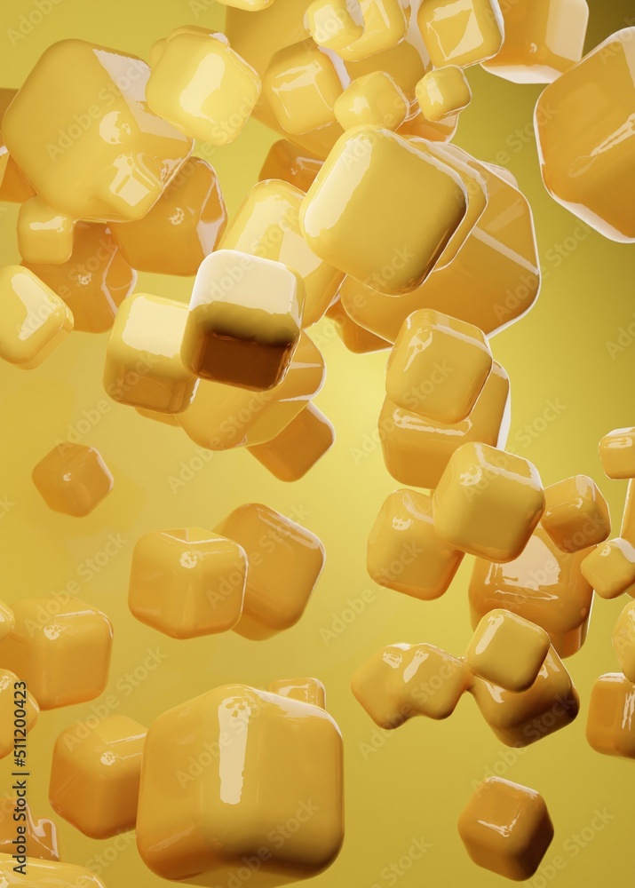 Poster yellow abstract background of 3d floating mesh. modern plastic pastel cubes, 3d rendering design of 