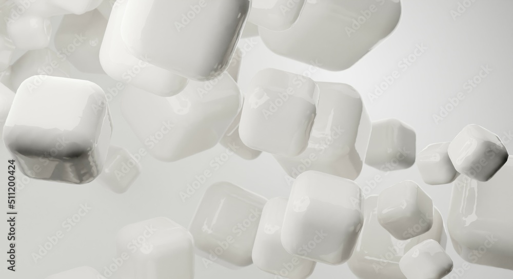 Poster white abstract background of 3d floating mesh. modern plastic pastel cubes, 3d rendering design of a