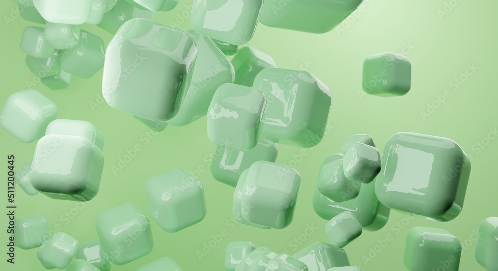 Poster green abstract background of 3d floating mesh. modern plastic pastel cubes, 3d rendering design of a