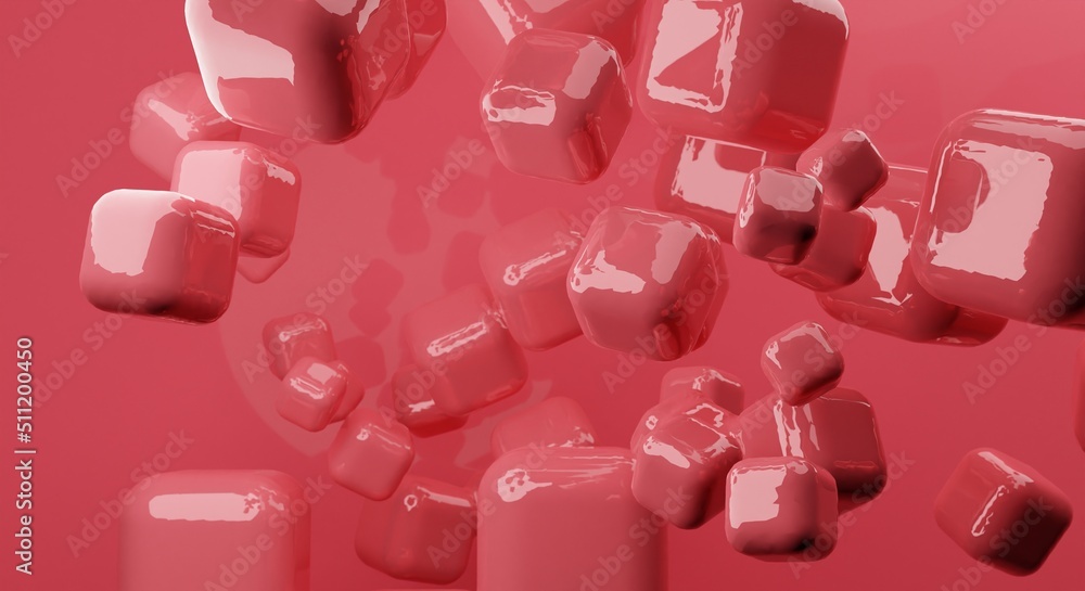 Poster red abstract background of 3d floating mesh. modern plastic pastel cubes, 3d rendering design of abs