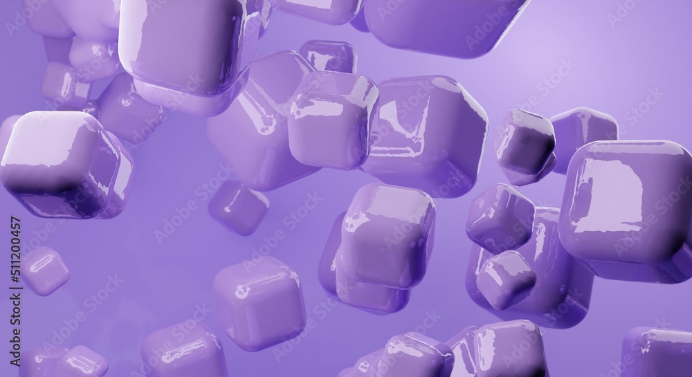 Poster purple abstract background of 3d floating mesh. modern plastic pastel cubes, 3d rendering design of 