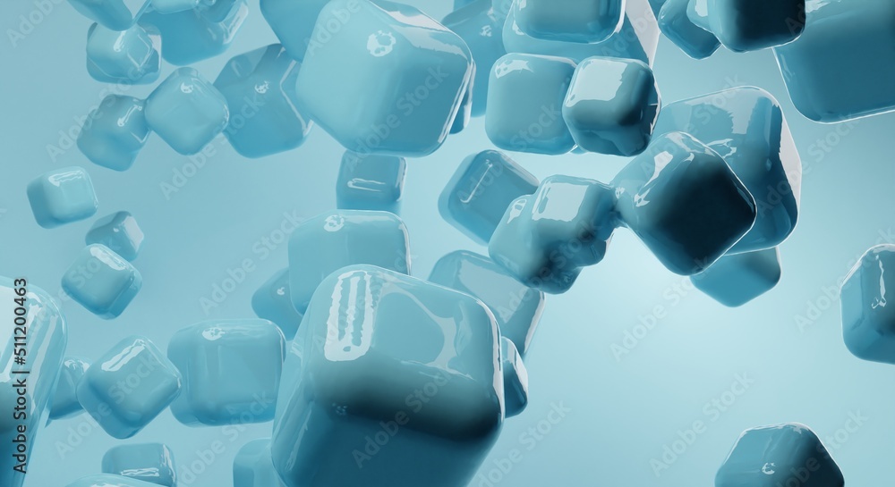 Poster blue abstract background of 3d floating mesh. modern plastic pastel cubes, 3d rendering design of ab