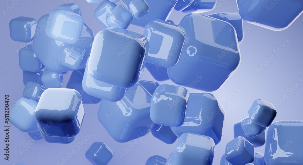 Poster blue abstract background of 3d floating mesh. modern plastic pastel cubes, 3d rendering design of ab