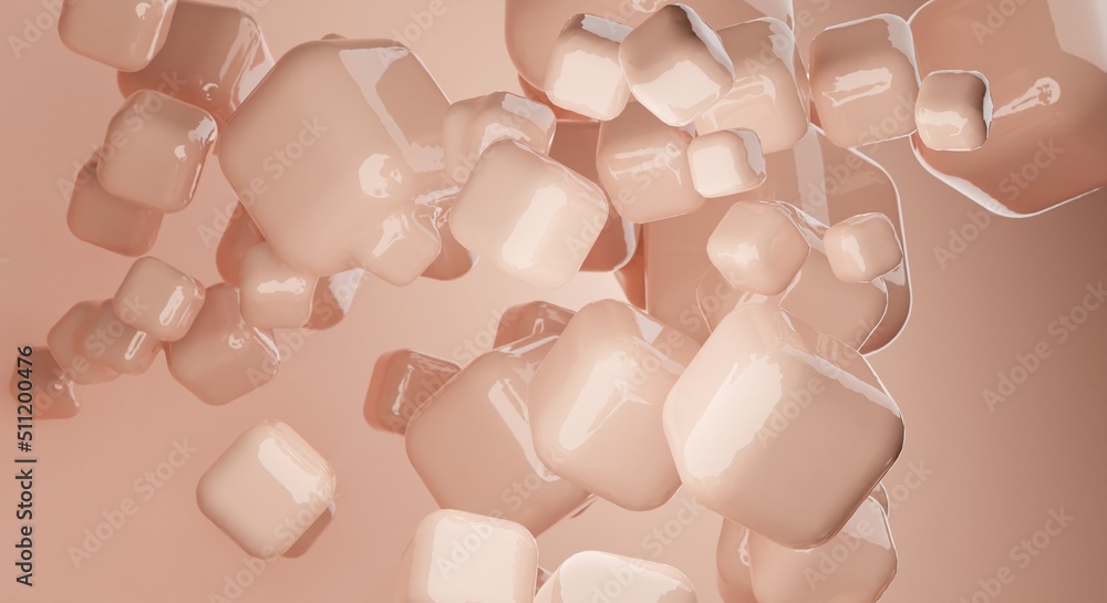 Poster beige abstract background of 3d floating mesh. modern plastic pastel cubes, 3d rendering design of a