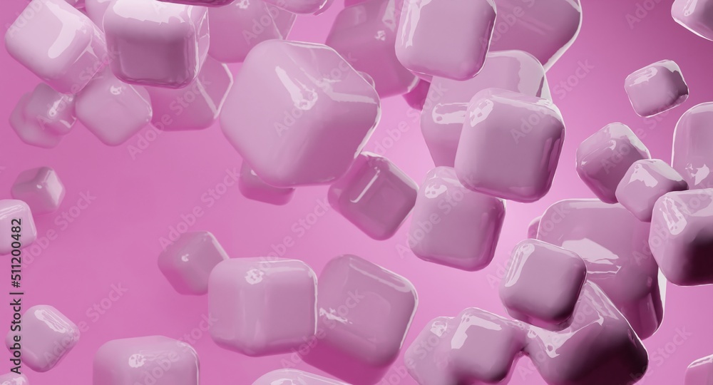 Poster pink abstract background of 3d floating mesh. modern plastic pastel cubes, 3d rendering design of ab