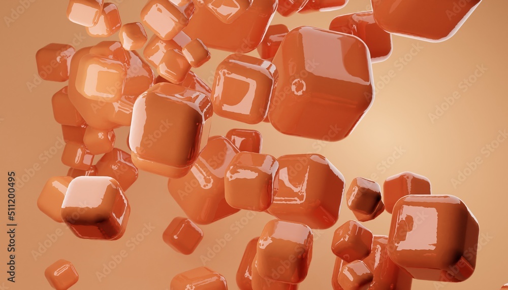 Poster orange abstract background of 3d floating mesh. modern plastic pastel cubes, 3d rendering design of 