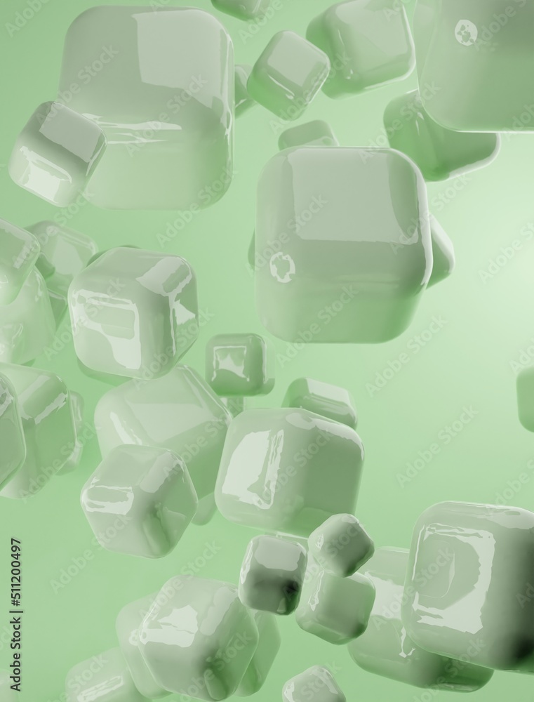Poster green abstract background of 3d floating mesh. modern plastic pastel cubes, 3d rendering design of a