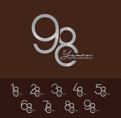 set of anniversary with calligraphy silver color on brown background for special moment
