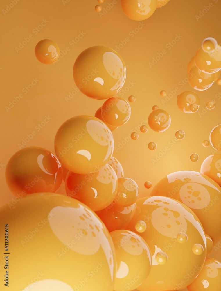 Poster orange abstract background of 3d spheres. modern plastic pastel bubbles, 3d rendering design of abst