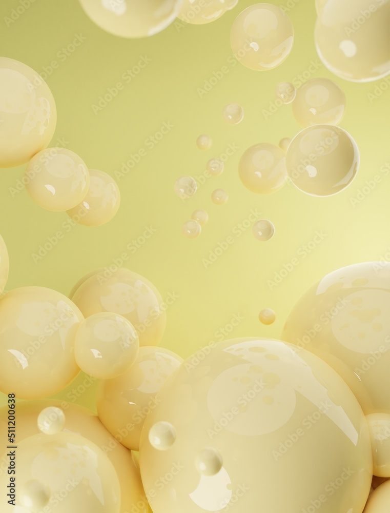 Poster yellow abstract background of 3d spheres. modern plastic pastel bubbles, 3d rendering design of abst