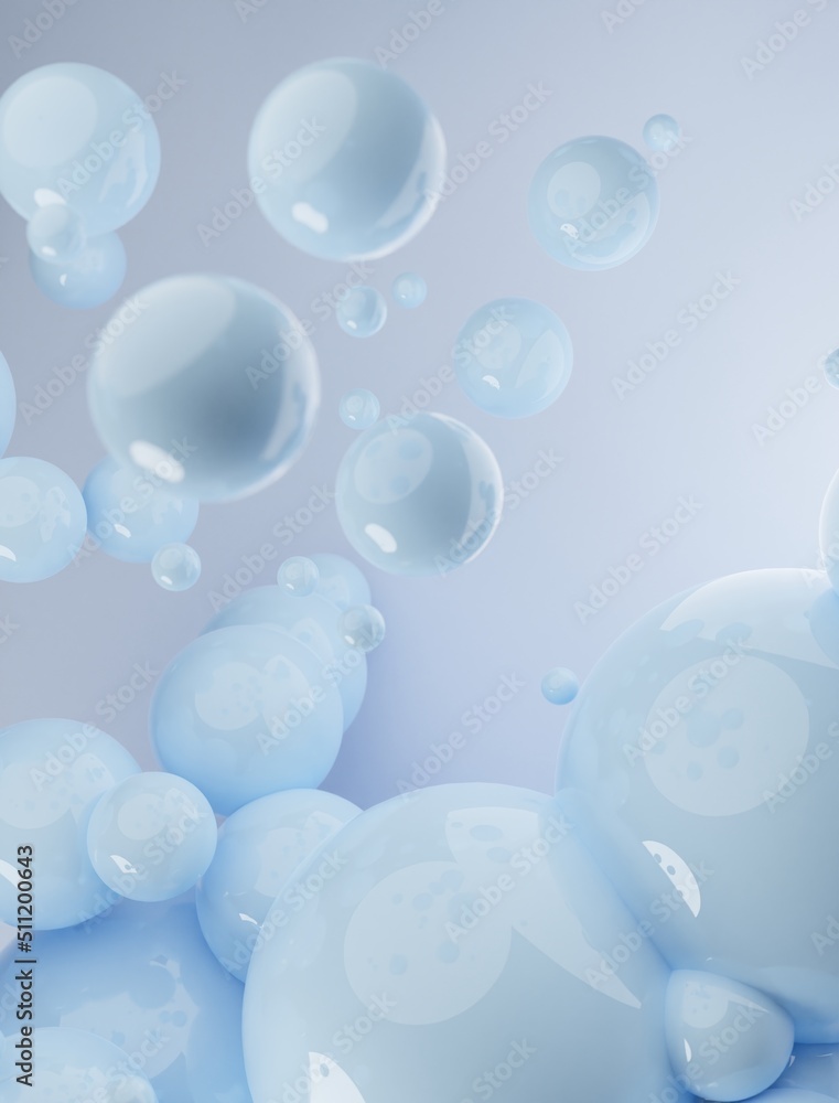 Poster blue abstract background of 3d spheres. modern plastic pastel bubbles, 3d rendering design of abstra
