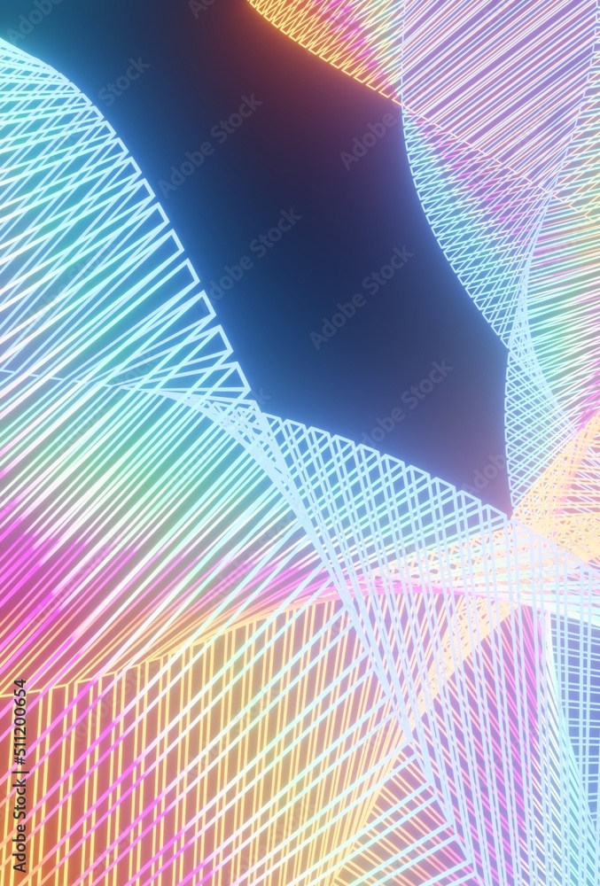 Poster orange and blue procedural geometric glowing neon shape abstract technology background. 3d rendering