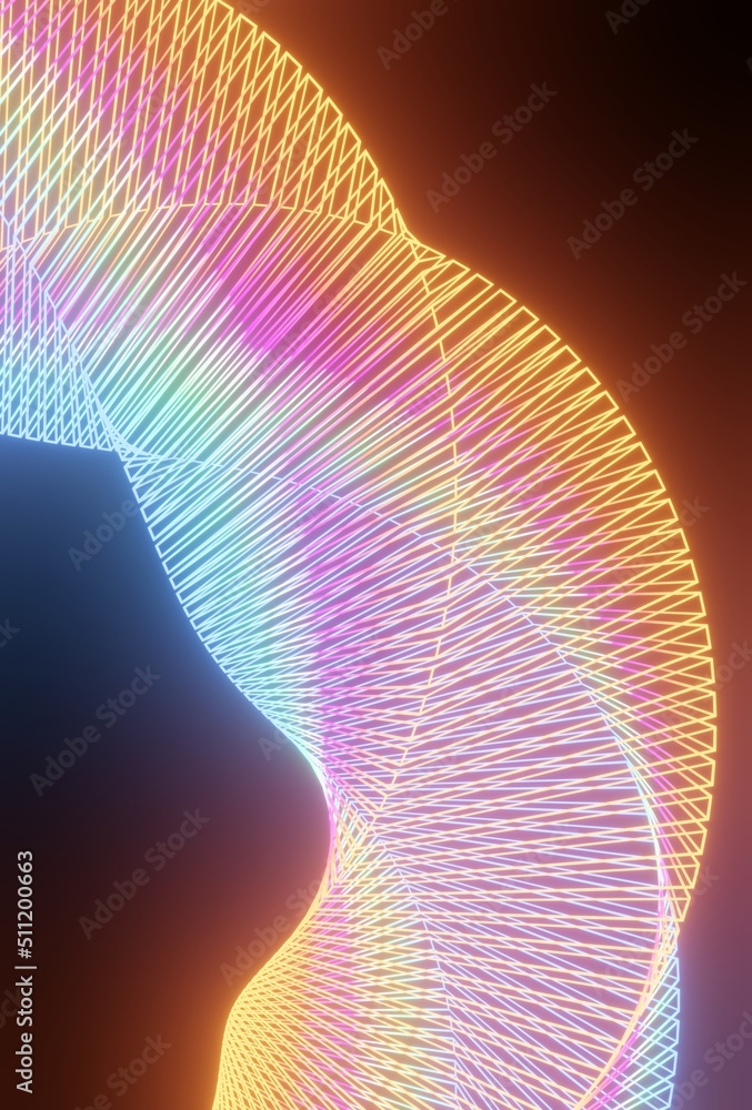 Poster orange and blue procedural geometric glowing neon shape abstract technology background. 3d rendering