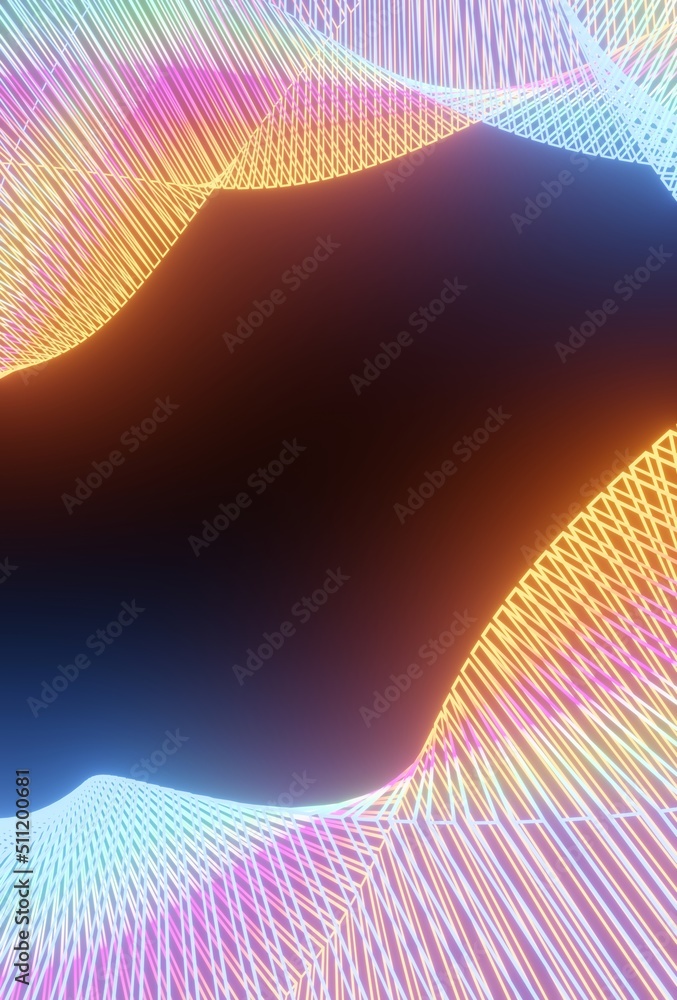 Poster orange and blue procedural geometric glowing neon shape abstract technology background. 3d rendering